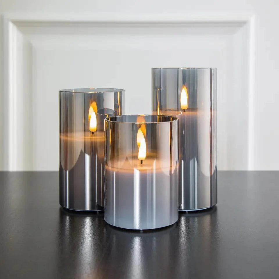 Set of 3 AmbiCandle LED Candles – Gray Glass with Realistic Flame Effect