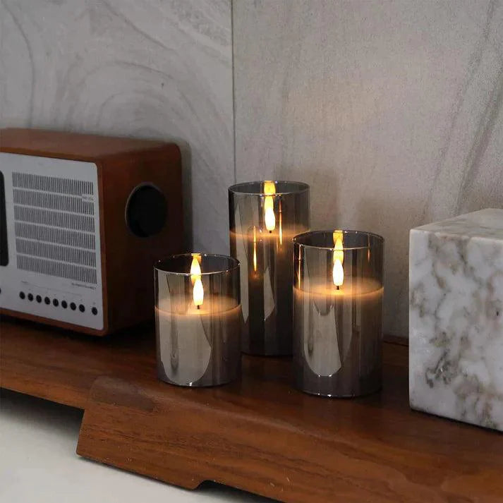 Set of 3 AmbiCandle LED Candles – Gray Glass with Realistic Flame Effect