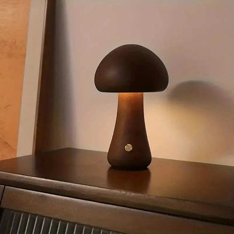 Rechargeable Wireless Mushglow Mushroom Table Lamp - Wood & Foam with Brightness Adjustment and USB Charging