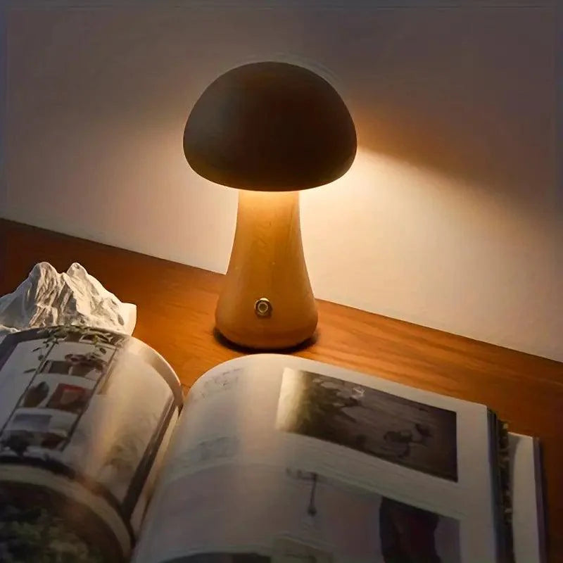Rechargeable Wireless Mushglow Mushroom Table Lamp - Wood & Foam with Brightness Adjustment and USB Charging