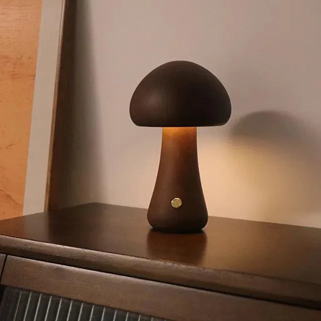 Rechargeable Wireless Mushglow Mushroom Table Lamp - Wood & Foam with Brightness Adjustment and USB Charging