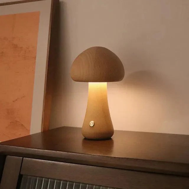 Rechargeable Wireless Mushglow Mushroom Table Lamp - Wood & Foam with Brightness Adjustment and USB Charging