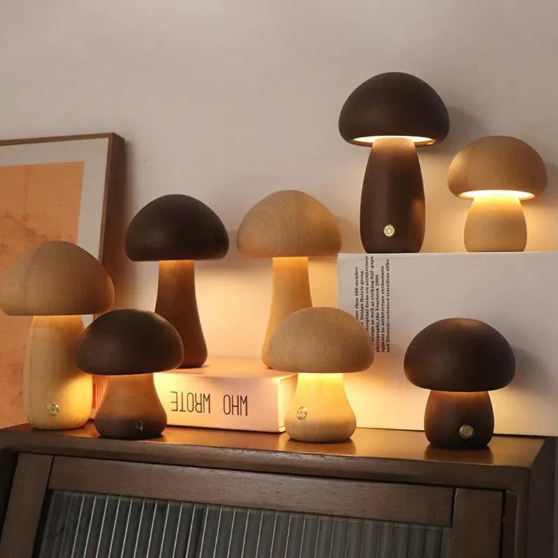 Rechargeable Wireless Mushglow Mushroom Table Lamp - Wood & Foam with Brightness Adjustment and USB Charging