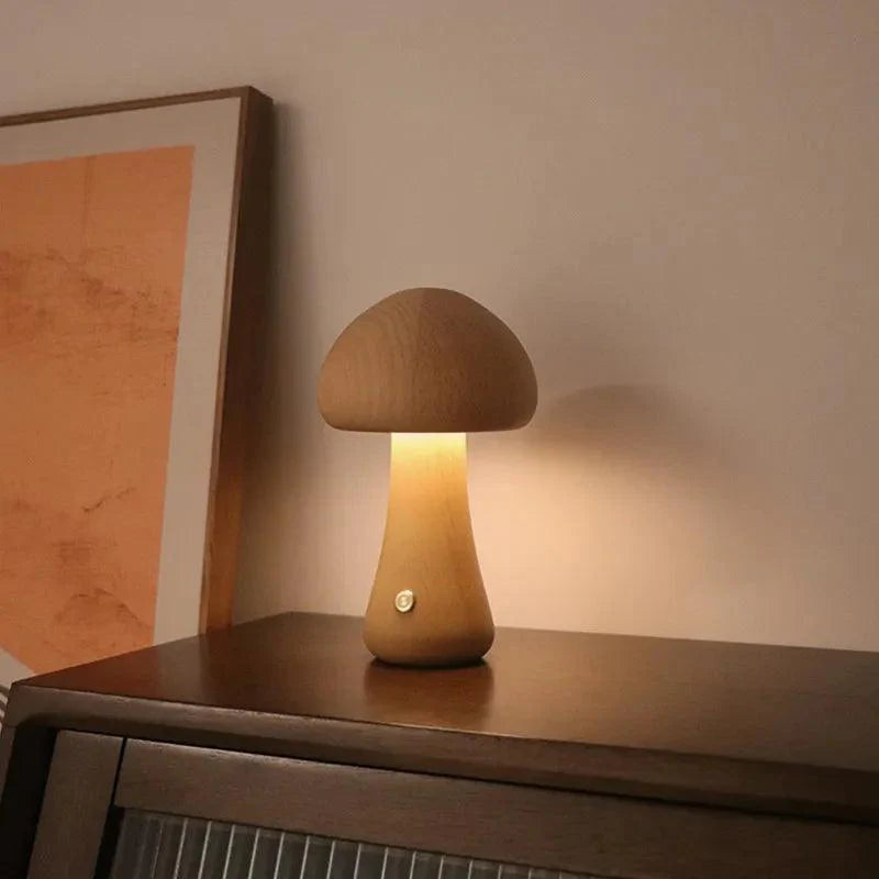 Rechargeable Wireless Mushglow Mushroom Table Lamp - Wood & Foam with Brightness Adjustment and USB Charging