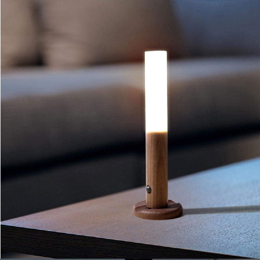Contemporary LED Motion Sensor Lamp | Warm White Light, Wooden Design, USB Rechargeable
