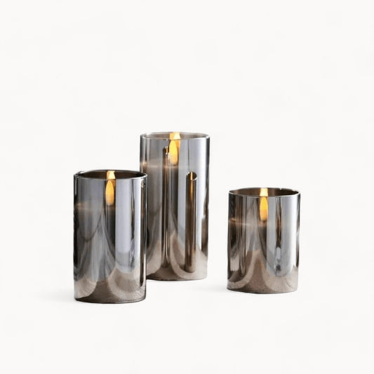 Set of 3 AmbiCandle LED Candles – Gray Glass with Realistic Flame Effect