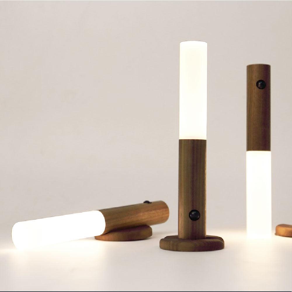 Contemporary LED Motion Sensor Lamp | Warm White Light, Wooden Design, USB Rechargeable