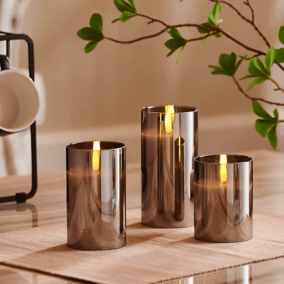 Set of 3 AmbiCandle LED Candles – Gray Glass with Realistic Flame Effect