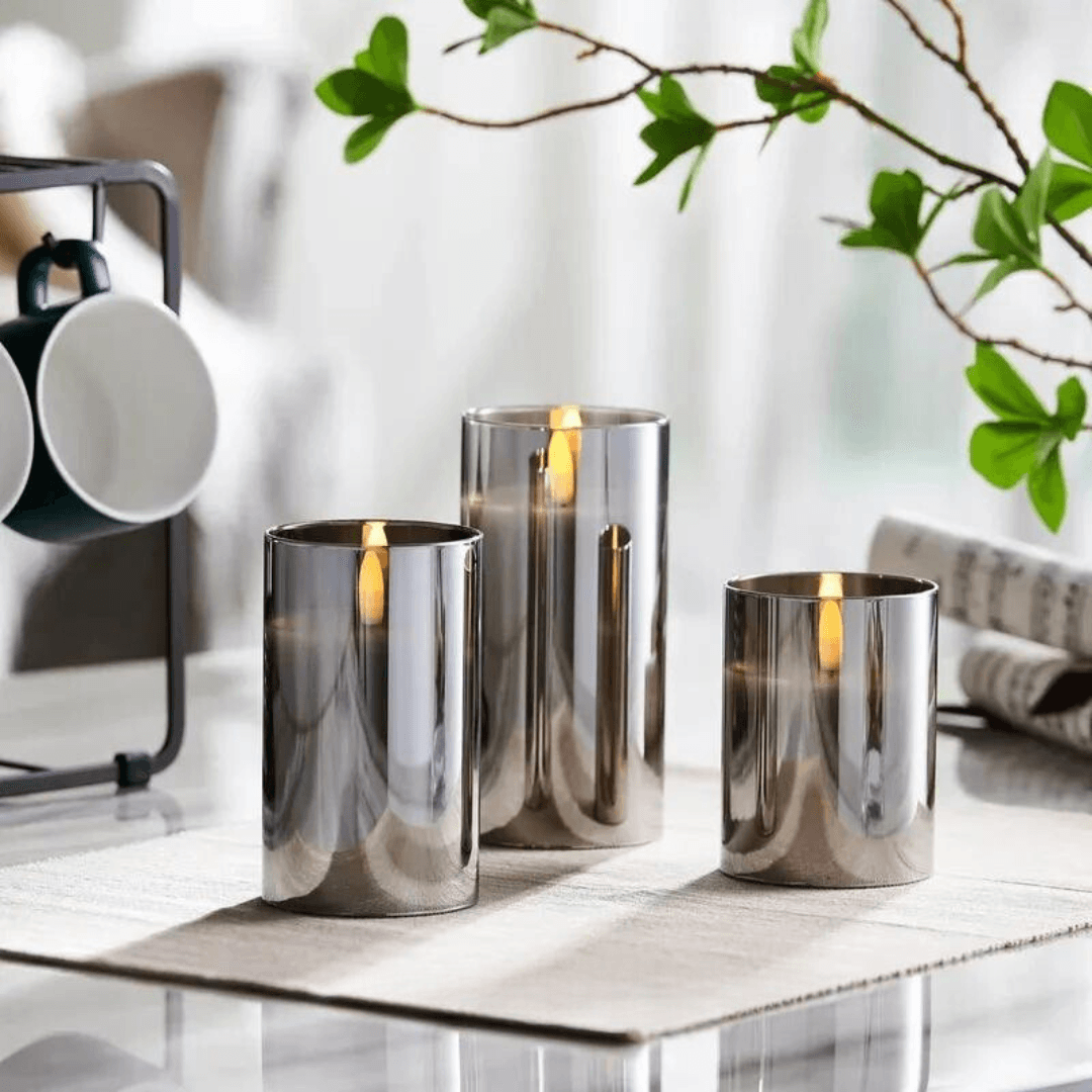 Set of 3 AmbiCandle LED Candles – Gray Glass with Realistic Flame Effect