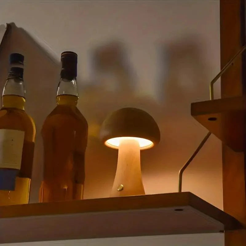 Rechargeable Wireless Mushglow Mushroom Table Lamp - Wood & Foam with Brightness Adjustment and USB Charging