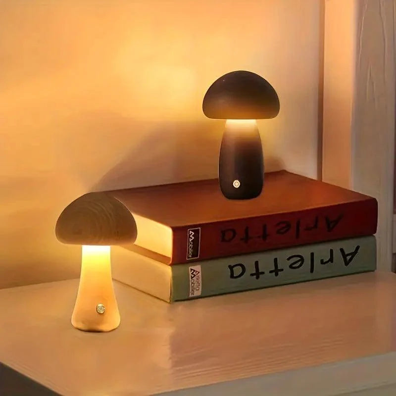 Rechargeable Wireless Mushglow Mushroom Table Lamp - Wood & Foam with Brightness Adjustment and USB Charging