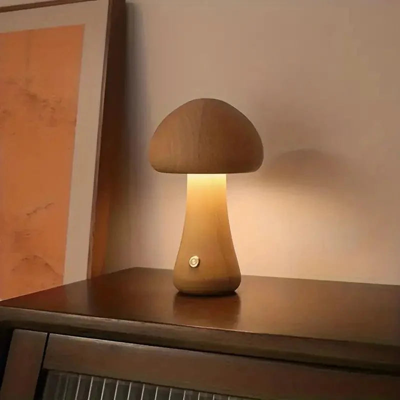 Rechargeable Wireless Mushglow Mushroom Table Lamp - Wood & Foam with Brightness Adjustment and USB Charging